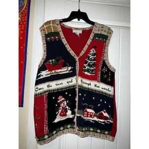 parisian works knit holiday christmas sweater vest pom pom trees sled 1X unique